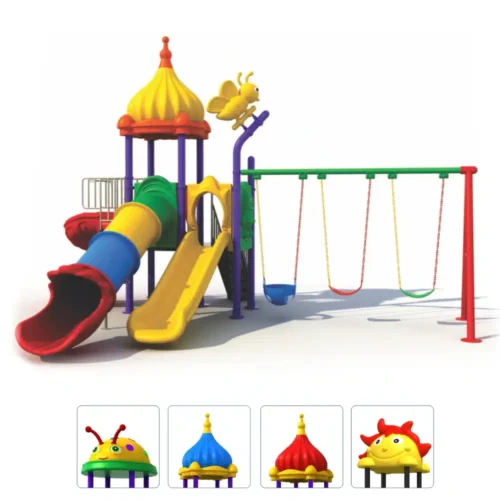 GLO-004 Multi-Activity Playground with Slides and Swings Multi-colored playground with tube and straight slides plus swings – GLO-004 by Garden Links Company