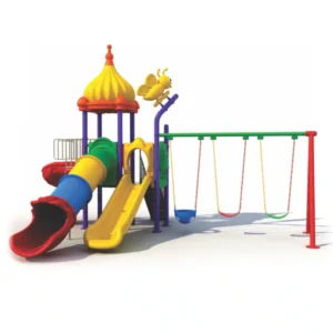 Multi-colored playground with tube and straight slides plus swings – GLO-004 by Garden Links Company