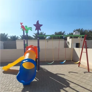 Playground with double wave slide, tunnel slide, and swings – GLO-007 by Garden Links Company