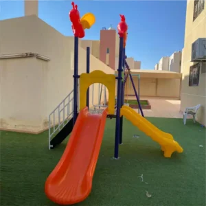 Playground with double wave slide, straight slide, and swings – GLO-008 by Garden Links Company