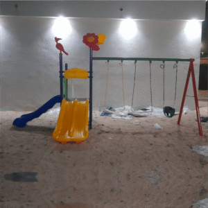 GLO-008 Playground with Slides and Swings Playground with double wave slide, straight slide, and swings – GLO-008 by Garden Links Company