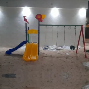 Playground with double wave slide, straight slide, and swings – GLO-008 by Garden Links Company