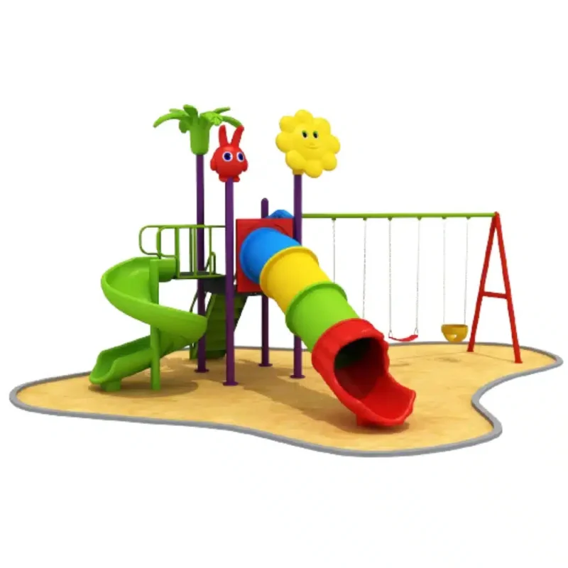 Playground with tunnel slide, spiral slide, and swings – GLO-009 by Garden Links Company