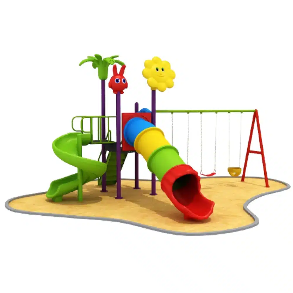 Playground with tunnel slide, spiral slide, and swings – GLO-009 by Garden Links Company