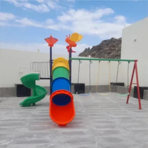 Playground with tunnel slide, spiral slide, and swings – GLO-009 by Garden Links Company