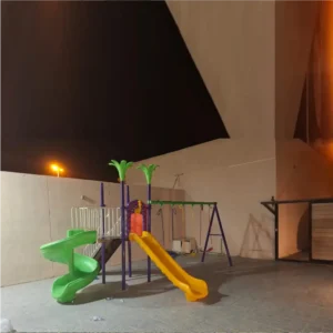 Playground with spiral and straight slides plus swings – GLO-010 by Garden Links Company