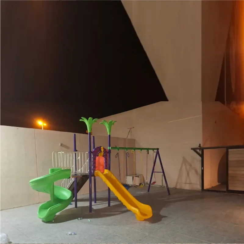 Playground with spiral and straight slides plus swings – GLO-010 by Garden Links Company