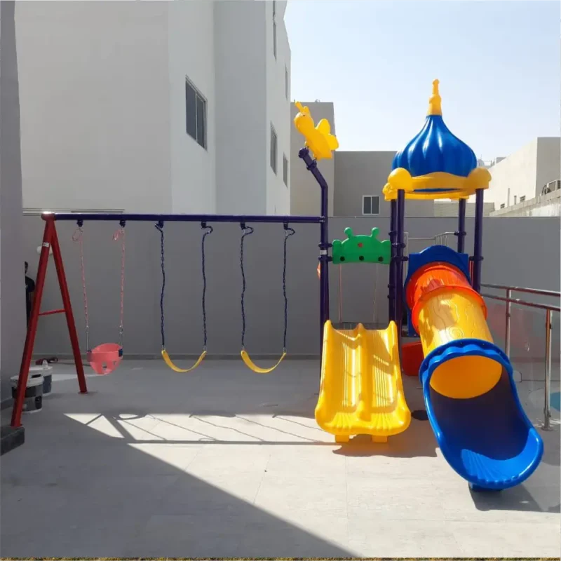 GLO-022 playground with tube slide, double wave slide, and swings – by Garden Links Company