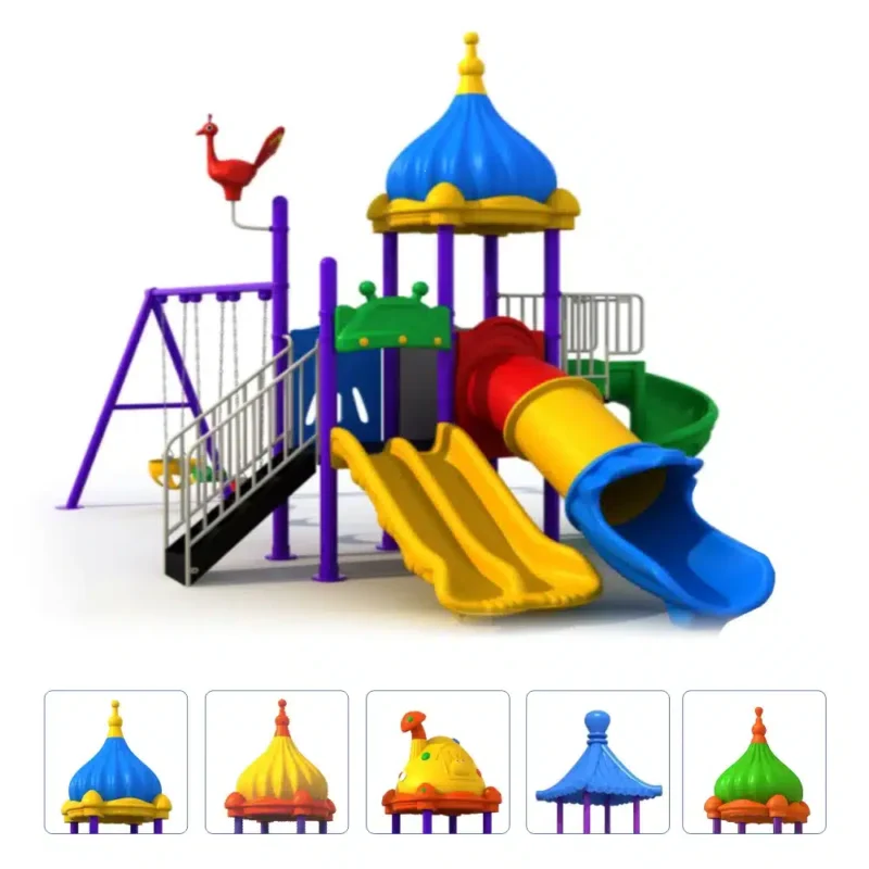 GLO-011 Playground with Multiple Slides and Swings Playground with wave slide, tunnel slide, spiral slide, and swings – GLO-011 by Garden Links Company