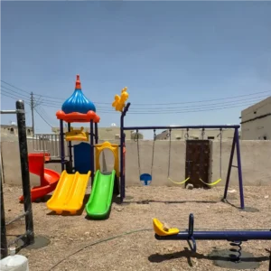 Playground with wave slide, straight slide, spiral slide, and swings – GLO-012 by Garden Links Company