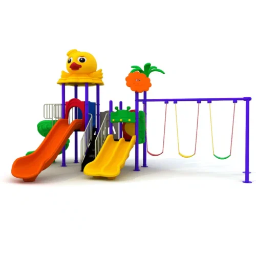 Kids playground playset GLO-017 with spiral slide, straight slide, double slide, and three swings, made from galvanized steel and LLDPE plastic