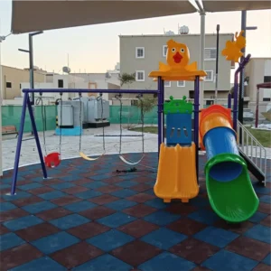 GLO-022 playground with tube slide, double wave slide, and swings – by Garden Links Company