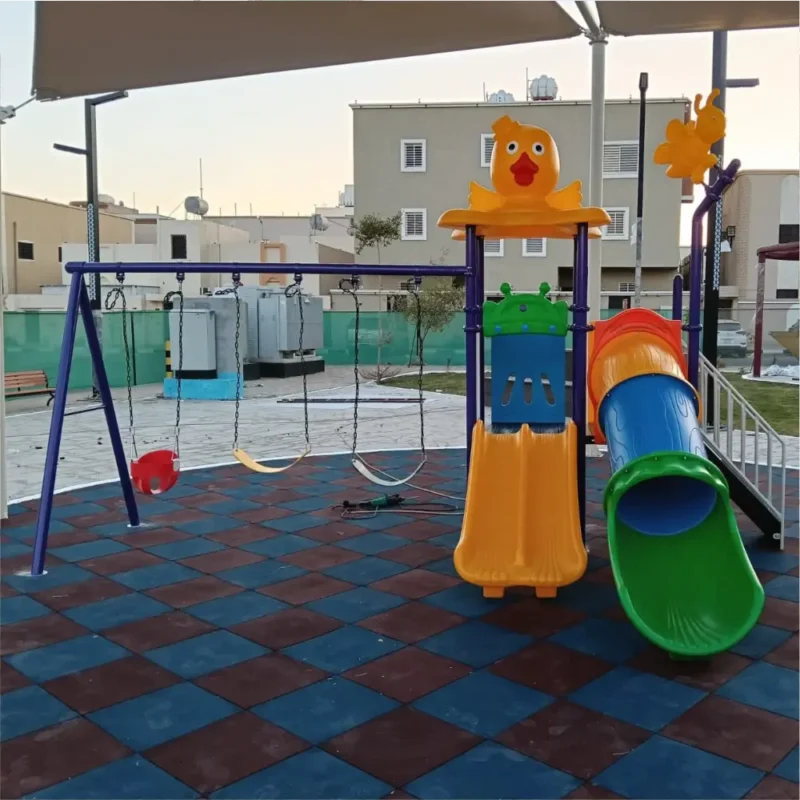 GLO-022 playground with tube slide, double wave slide, and swings – by Garden Links Company