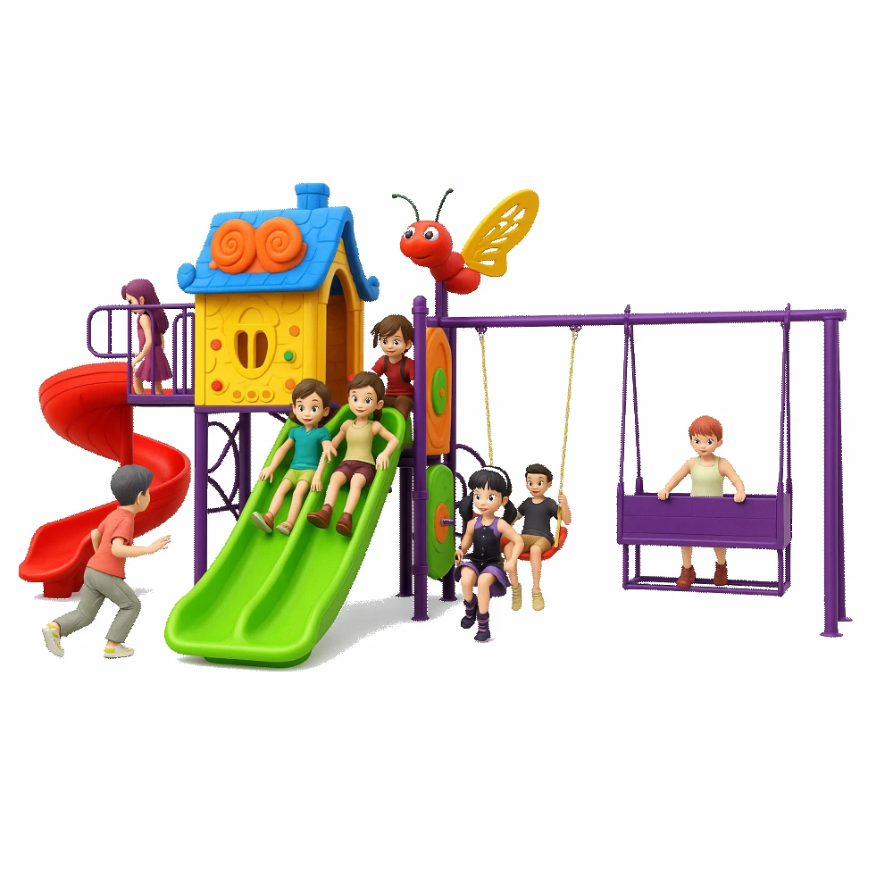 Kids Playground Playset GLO-003 with spiral slide, double slide, swing, and family seat