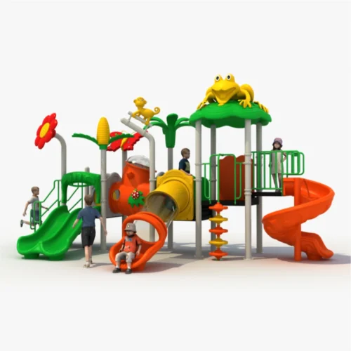 GLO-162 outdoor playground with spiral, double, and tunnel slides