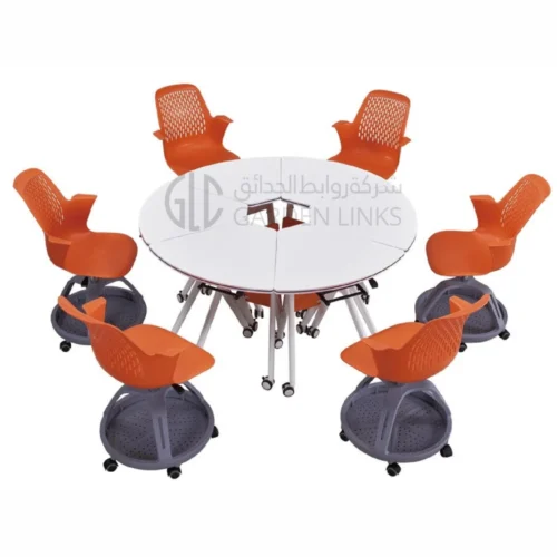 GLSF-048 modern school furniture set with circular folding table and six rolling student chairs by Garden Links