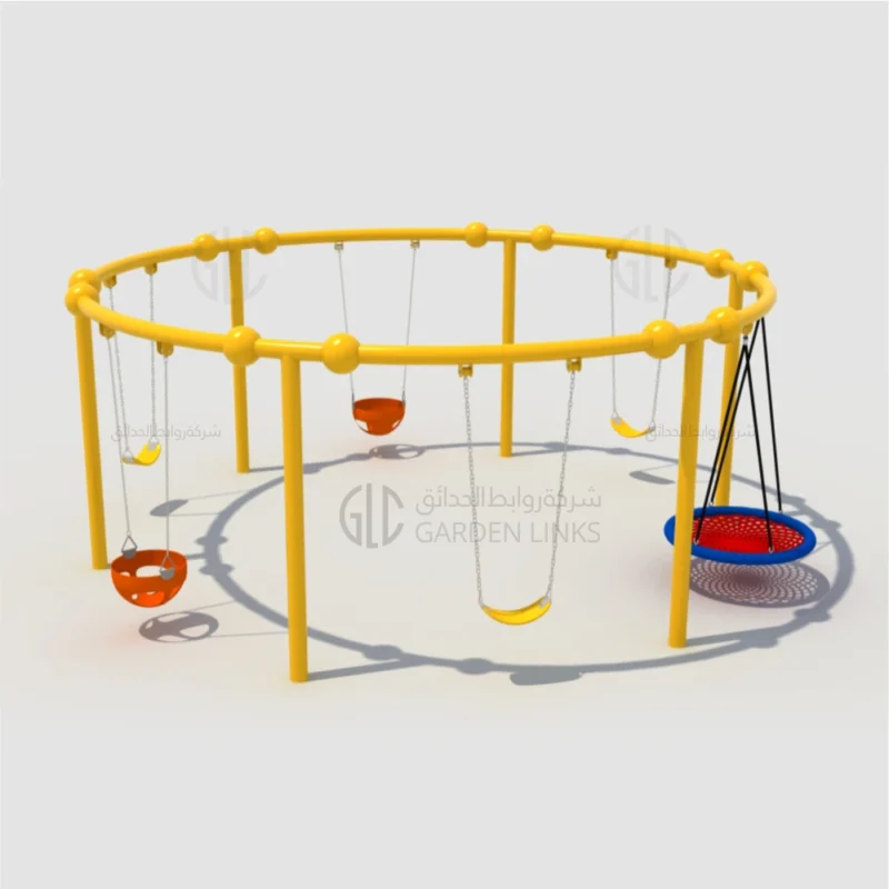 Round swing playset with multiple swing types and 5 m diameter by Garden Links Company