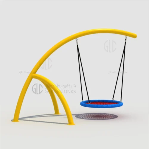 Curved nest swing with yellow steel frame and round woven seat by Garden Links Company