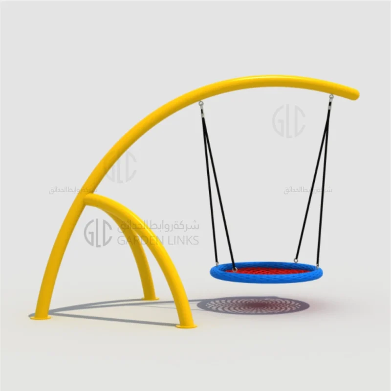 Curved nest swing with yellow steel frame and round woven seat by Garden Links Company