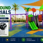 Best playground materials for Saudi Arabia showing UV-stabilized LLDPE plastic, galvanized steel and commercial outdoor playground equipment.