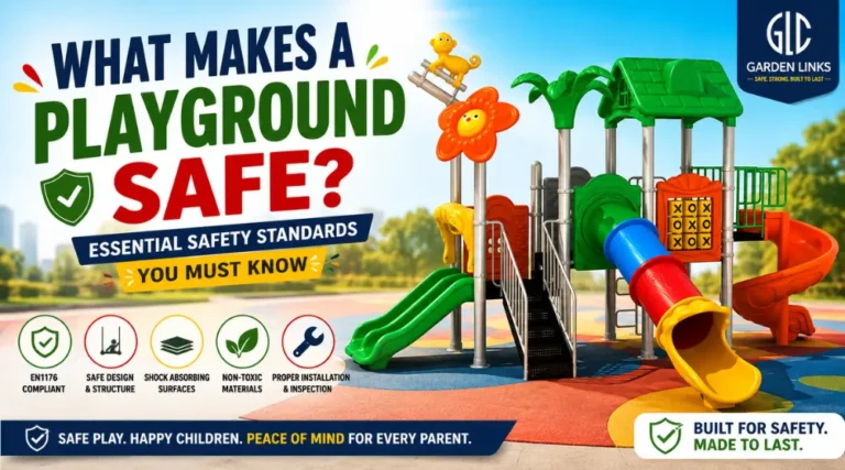 Colorful commercial playground illustrating essential playground safety standards with EN1176-compliant equipment, safety surfacing, and durable play structures for Saudi Arabia.