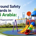 Playground safety standards in Saudi Arabia showing outdoor playground equipment, slides, swings, guardrails, safety surfacing and shaded play areas.