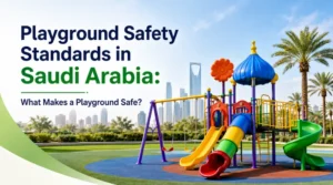 Playground safety standards in Saudi Arabia showing outdoor playground equipment, slides, swings, guardrails, safety surfacing and shaded play areas.