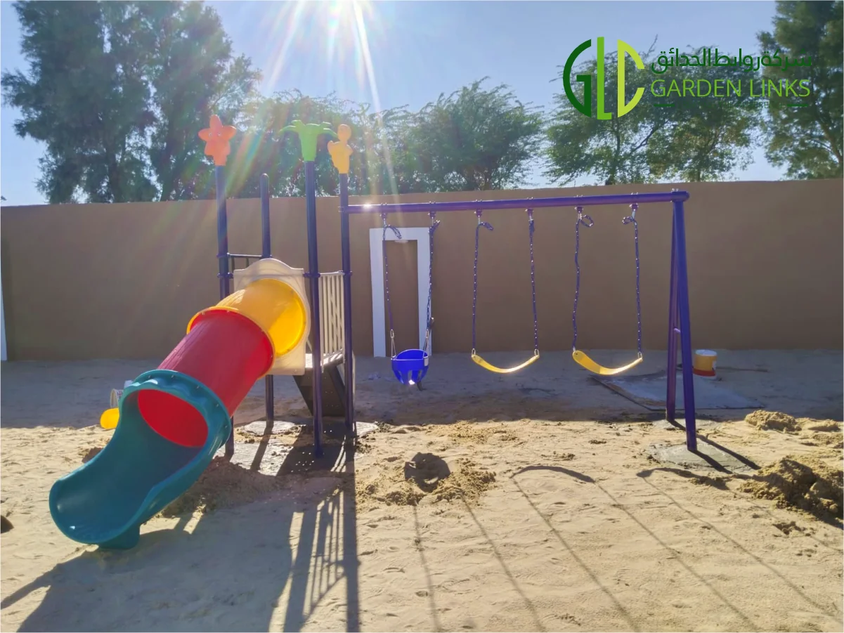 Professional home garden installation in Riyadh featuring safe playground equipment, rubber flooring, and full warranty by Garden Links Company.