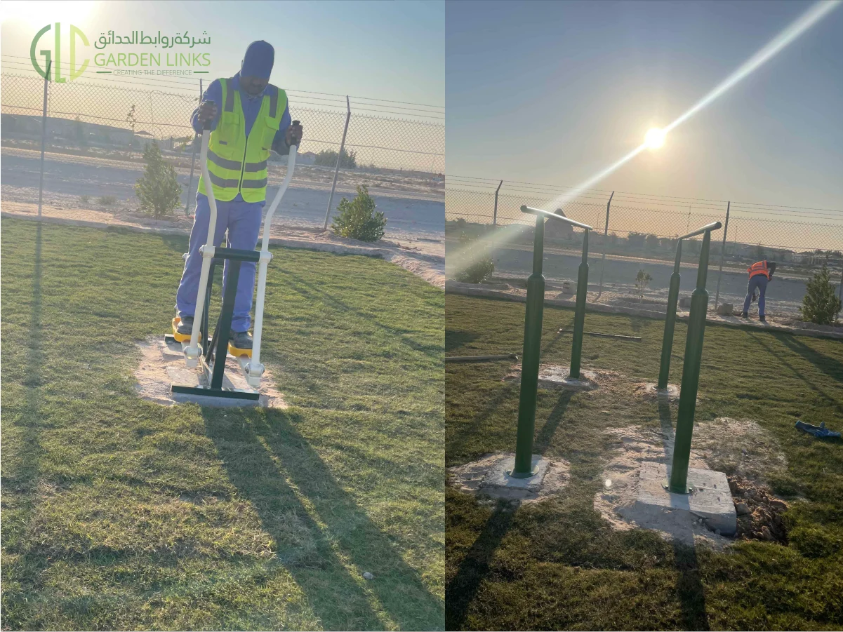 Completed outdoor sports playground in Al Khafji with certified fitness equipment, high safety standards, and professional installation by Garden Links.