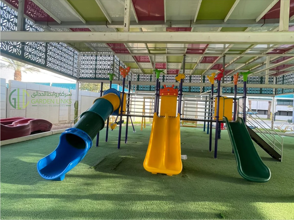 Completed school playground installation in Madinah by Garden Links Company, delivering safe, durable, and engaging outdoor play areas.
