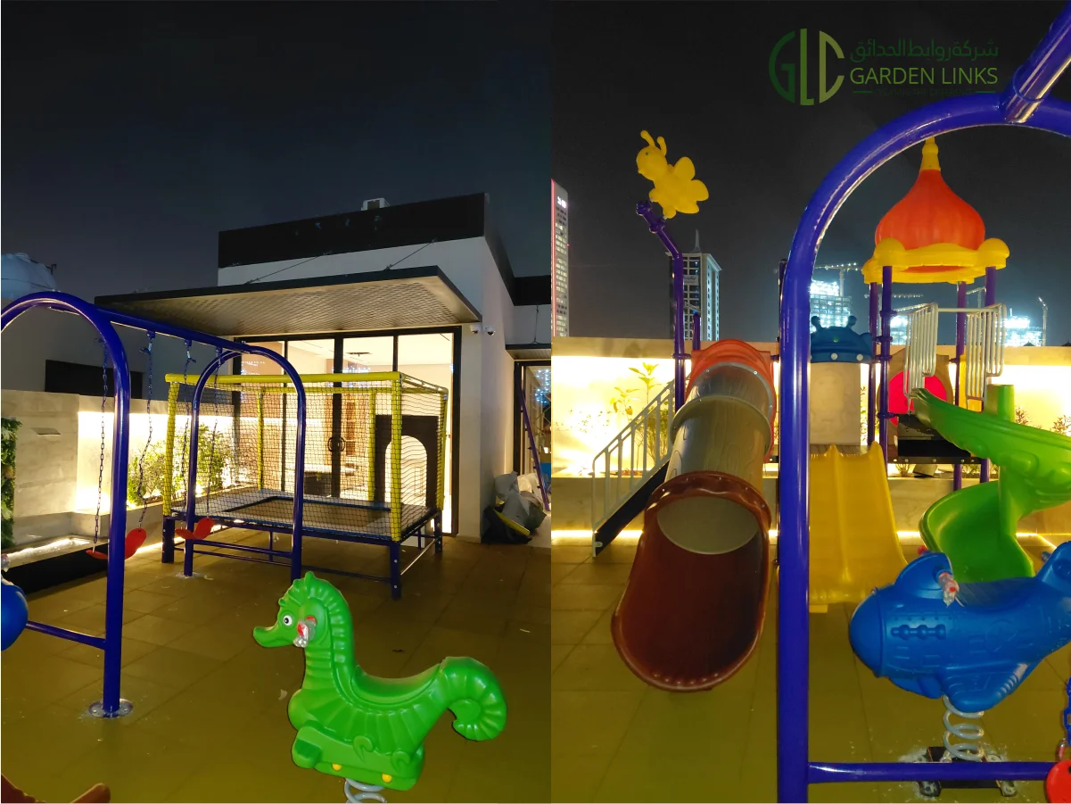 Integrated residential playground installation in Al-Malqa Riyadh by Garden Links Company, delivering safe, modern, and durable play solutions.