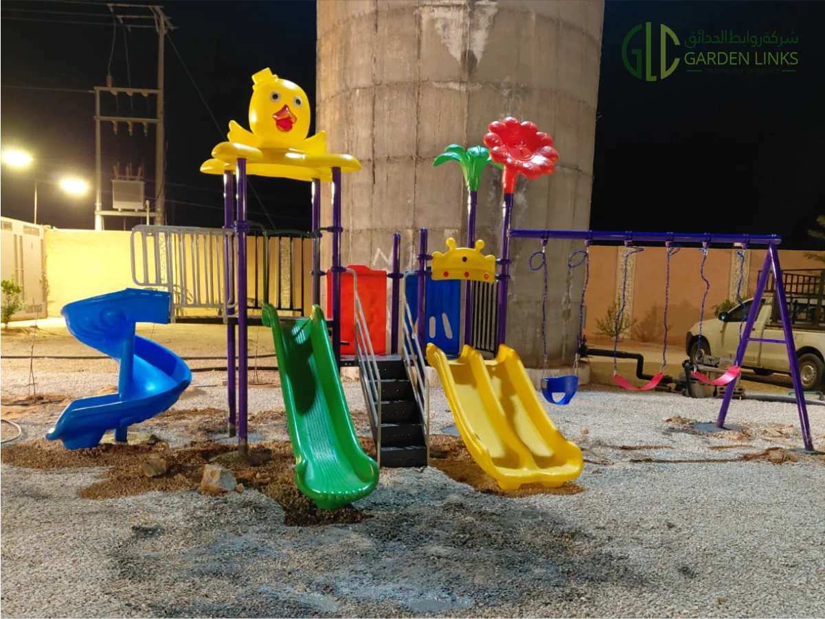 Private playground installation in Al-Muzahmiyya by Garden Links Company, featuring safe play equipment, trampolines, and durable outdoor solutions.