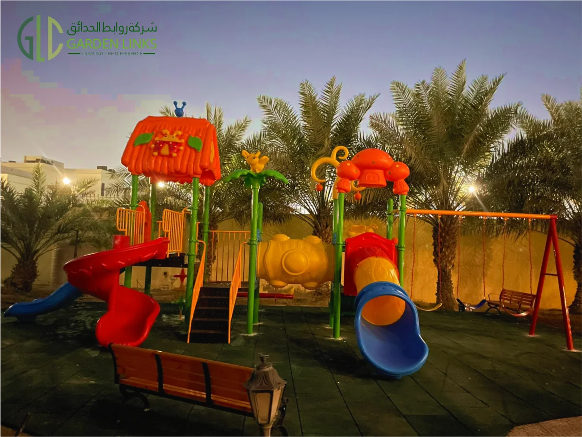 Public park playground installation in Dammam with design, 3D visualization, equipment supply, and safety flooring by Garden Links Company.