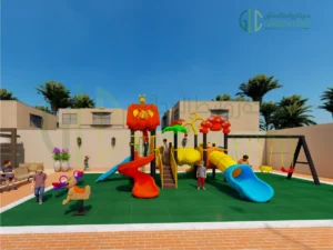 Public park playground installation in Dammam with design, 3D visualization, equipment supply, and safety flooring by Garden Links Company.