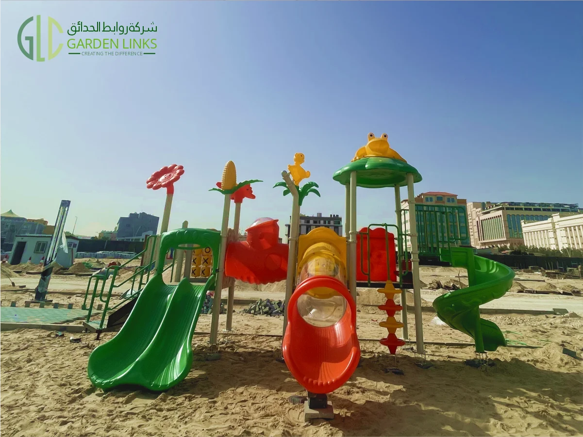 Public playground installation in Al Qatif by Garden Links Company, including site visit, design coordination, playground equipment supply, and installation.