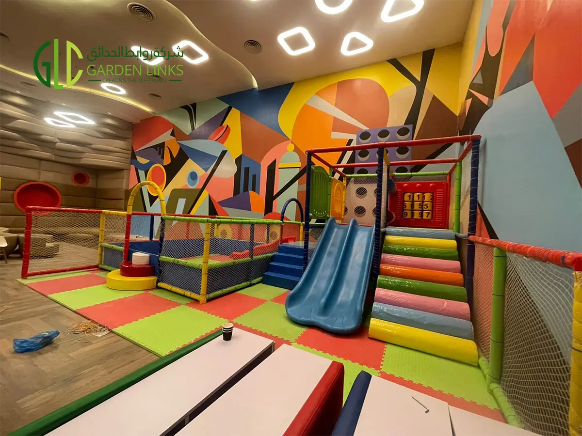 Indoor soft playground installation in Riyadh school by Garden Links Company, including design, padded safety flooring, and professional setup.