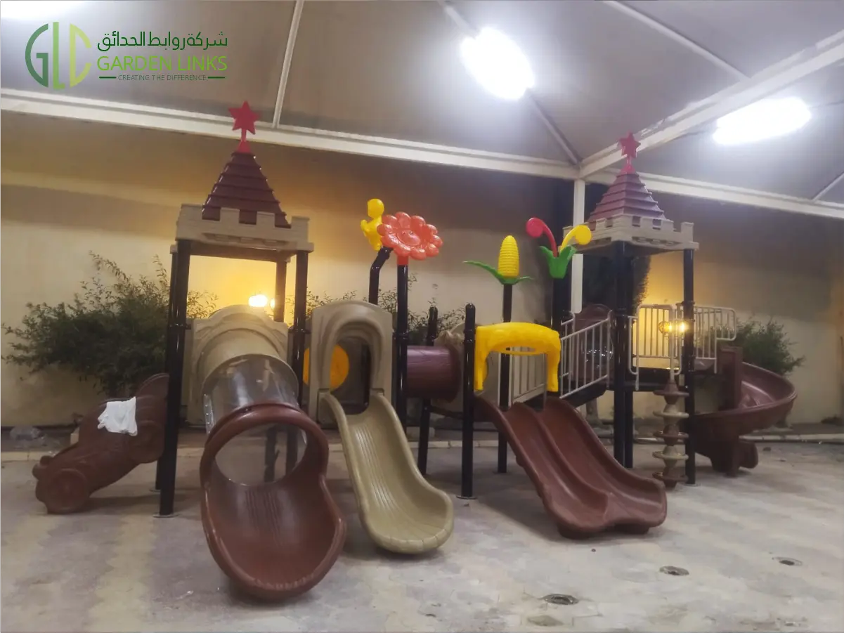 Castle Series Playground installation in Dammam private estiraha with 89mm pipe structure, slides, swings, and durable galvanized steel by Garden Links.