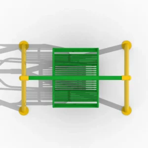 Outdoor Metal Bench Swing for Parks and Playgrounds | Heavy-Duty Garden Swing Outdoor metal bench swing with a green steel seat and yellow A-frame support, suitable for parks, playgrounds, gardens, schools, and recreational areas.