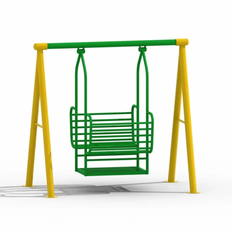 Outdoor Metal Bench Swing for Parks and Playgrounds | Heavy-Duty Garden Swing Outdoor metal bench swing with a green steel seat and yellow A-frame support, suitable for parks, playgrounds, gardens, schools, and recreational areas.