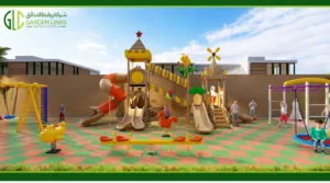 Commercial outdoor playground in Saudi Arabia with slides, swings, climbing structures, spring riders, seesaw, and safety rubber flooring.