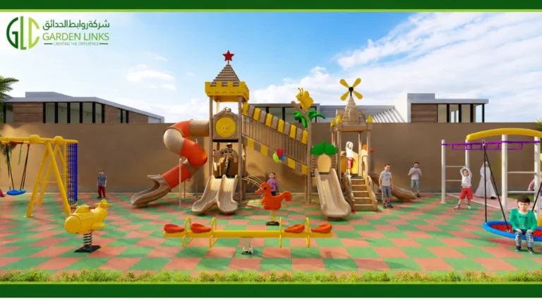 Commercial outdoor playground in Saudi Arabia with slides, swings, climbing structures, spring riders, seesaw, and safety rubber flooring.