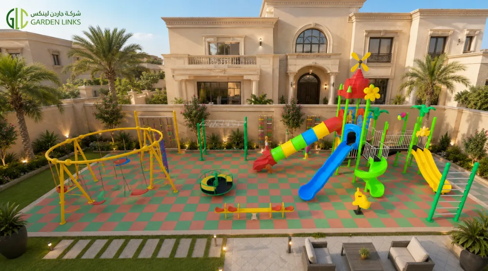 Large outdoor playground in a Saudi villa garden with colorful slides, swings, climbing equipment, spring riders, seesaw, and rubber safety flooring.