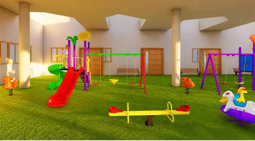 3D playground design with slides, swings, seesaw and spring riders for a school or residential courtyard in Saudi Arabia.