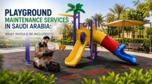 Playground maintenance technician inspecting a complete outdoor play area with swings, slides, climbing equipment, rubber flooring, and greenery in Saudi Arabia