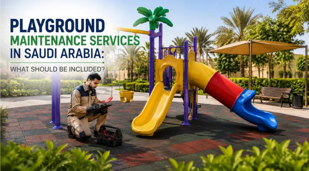 Playground maintenance technician inspecting a complete outdoor play area with swings, slides, climbing equipment, rubber flooring, and greenery in Saudi Arabia