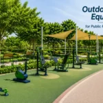 Outdoor fitness equipment area in a Saudi public park with cardio, strength, and stretching machines beside a walking path