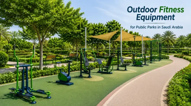 Outdoor fitness equipment area in a Saudi public park with cardio, strength, and stretching machines beside a walking path