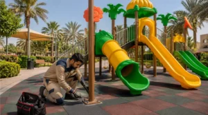 Technician checking anchor bolts, base plates, welded joints, and steel connections on outdoor playground equipment