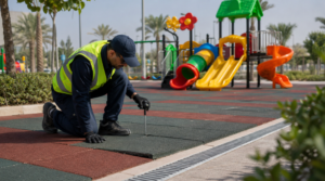 Technician examining small cracks, open joints, lifted edges, and drainage around playground rubber flooring