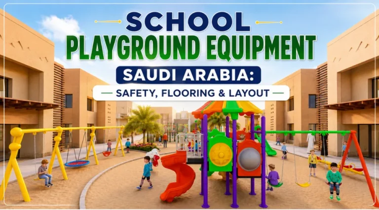 School playground equipment in Saudi Arabia with swings, slides, climbing structures, safety flooring, and a spacious school layout.